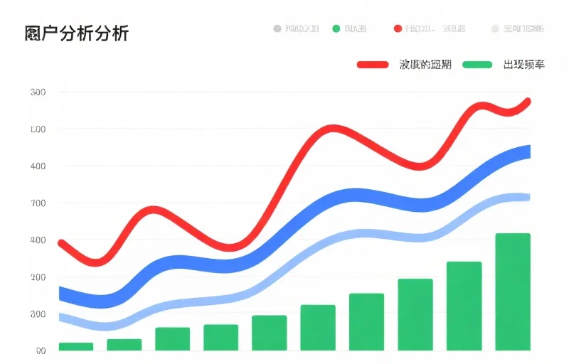 一张分析图表，显示不同颜色的波在近期的出现频率，折线图和柱状图结合，突出显示红波、蓝波和绿波的走势